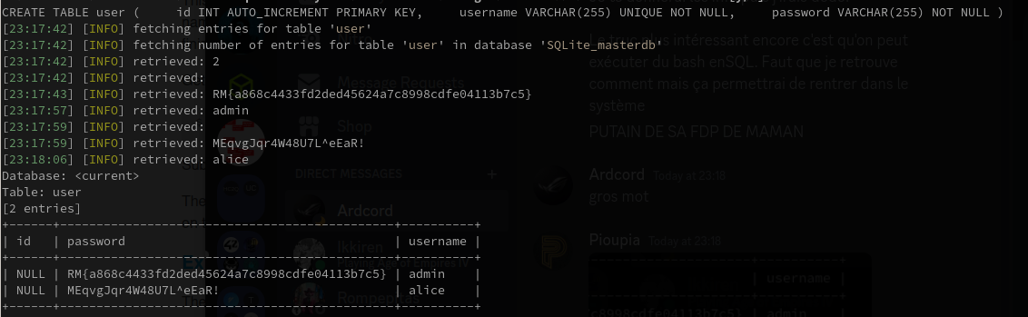 Result the user table dump